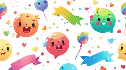 Fototapeta premium Engage in chat conversations using cute emoticons featuring colorful ribbon banners and rainbow designs