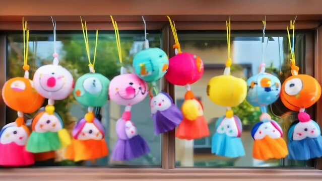 Vibrant array of handcrafted hanging characters in various shapes and colors. Cheerful figurines with big eyes and simple features create playful, childlike atmosphere. 