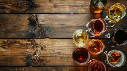 Variety of alcoholic drinks on a rustic wooden background