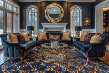 Art Deco Living Room A glamorous living room with velvet furniture, gold accents, and bold geometric patterns. Include a glass coffee table and an ornate mirror above the fireplace.