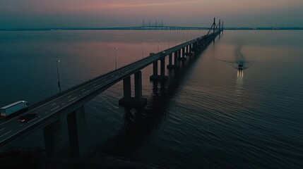 Fototapeta premium Aerial view of the Channel Bridge, as cars cross at sunset