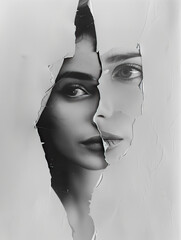 Artistic Monochrome Portrait of a Woman with Torn Paper Effect