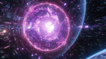 Obraz premium Quantum computing universe in neon