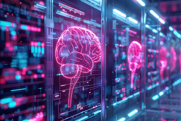 Digital brain on screens in data center. Concept of artificial intelligence, technology, and data processing.