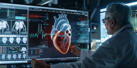 Medical technology and healthcare. Cardiologist doctor examine patient heart functions