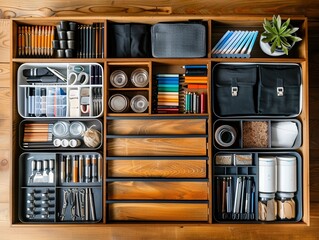 A meticulously organized wooden drawer filled with various stationery items and organizational tools including pens, markers, tapes, and storage cases