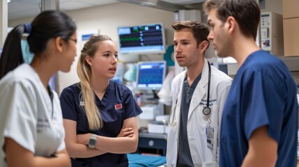 Fototapeta premium Team of anesthesiologists discussing a complex case in the OR ,cinematic
