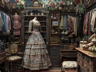 A beautifully detailed vintage boutique store showcasing a wide array of ornate antique gowns, accessories, and furniture that exudes the charm of bygone eras and meticulous craftsmanship