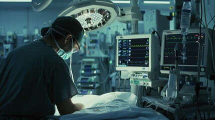 Obraz premium Anesthesiologist adjusting anesthesia dosage based on patient response ,cinematic