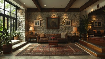 Fototapeta premium A beautifully designed living room with rustic stone walls, wooden beams, and a cozy leather sofa, elegantly illuminated by natural light and a few warm lamps