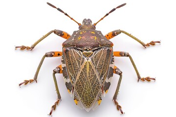 A stink bug with a shieldshaped body and brown patterned exoskeleton, legs and antennae visible Isolated on a solid white background