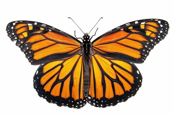Fototapeta premium A vibrant monarch butterfly with orange and black wings, showing detailed vein patterns Isolated on a solid white background
