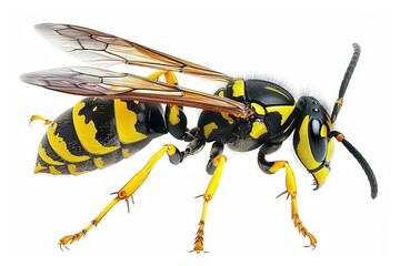 A wasp with a slender body and black and yellow stripes, wings slightly open Isolated on a solid white background