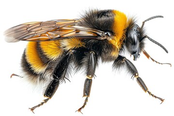 A bumblebee with a fuzzy black and yellow body, detailed wings and legs Isolated on a solid white background