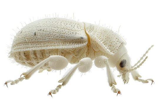 A mealybug with a white, powdery body and short legs, detailed texture on its exoskeleton Isolated on a solid white background