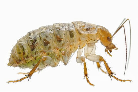 A booklice with a small, pale body and long antennae, detailed texture on its exoskeleton Isolated on a solid white background