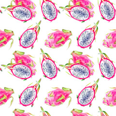 Colorful dragon fruit watercolor pattern on white background, ideal for tropical design projects