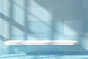 Abstract 3D bathroom or kitchen room tiled wall with realistic white podium or acrylic product shelf. Vector blue tile wall background mockup display. Minimal stage showcase scene. generative ai.