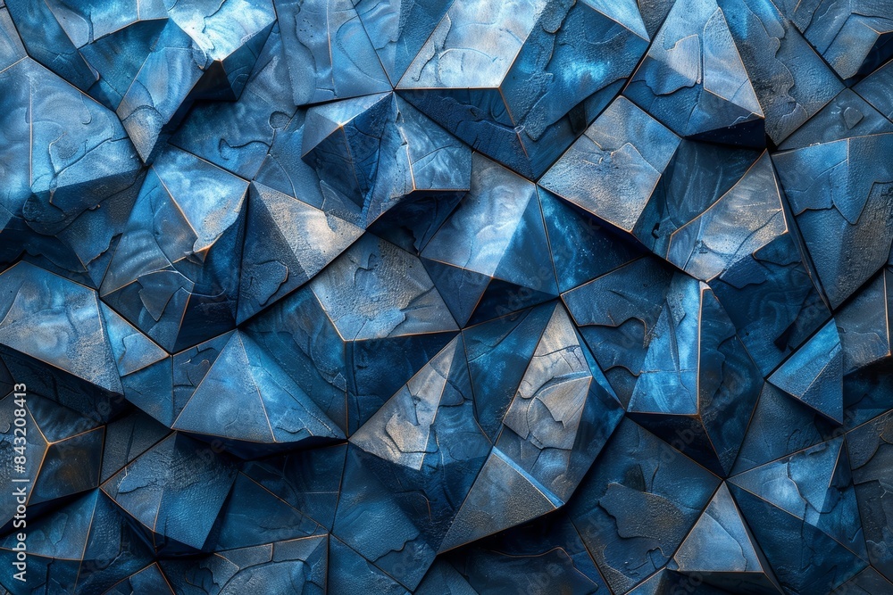 Poster modern geometric background with triangular facets in blue shades, creating a dynamic mosaic texture