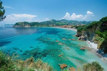 A breathtaking coastline featuring crystal clear turquoise waters, picturesque rocky formations, and lush green hills under a partly cloudy sky during a serene summer day