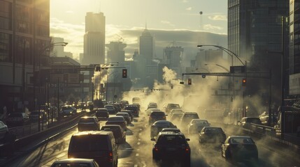 Car exhaust fumes pollution on city streets