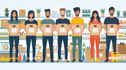 Volunteer group collecting donations. Charity organization donating clothes, food and toys for poor people. Concept of clothing donations, volunteer help, donate food, toys. Vector flat illustration