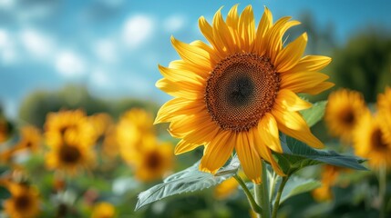 Fototapeta premium A stunningly vibrant sunflower in full bloom stands out amidst a beautiful field of sunflowers on a bright, sunny day under a perfectly blue sky