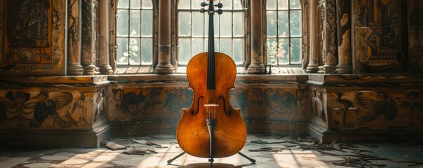A beautifully preserved cello standing gracefully in the center of an intricately decorated room with tall windows casting soft sunlight