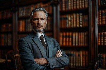 A distinguished gentleman in a suit stands with crossed arms in an opulent library filled with leather-bound books and wooden shelves, exuding confidence and intellect