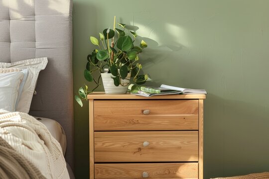 High-resolution 4K photo showcasing a sharp focus on a wooden chest of drawers in a bedroom setting.