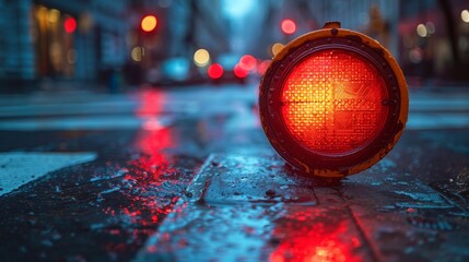 A vividly illuminated red warning light on a wet, rainy city street during twilight, with a blurred background of urban buildings and colorful lights