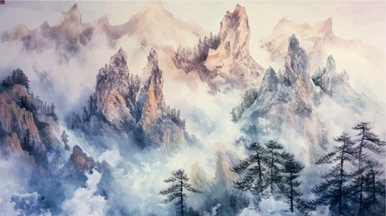 Obraz premium traditional chinese watercolor painting of snowy and misty mountain landscape, vector illustration