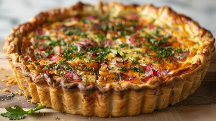 A beautifully baked, golden brown quiche with a crisp, flaky crust and topped with fresh herbs, red onion slices, and melted cheese on a wooden board