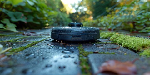Autonomous robotic lawn mower navigating through a wet and moss-covered brick pathway in a garden, showcasing modern gardening technology