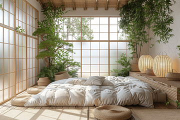 A bedroom with sliding shoji screens, a platform bed, and natural textures, creating a peaceful retreat. Concept of Japandi-inspired sleep environment. Generative Ai.