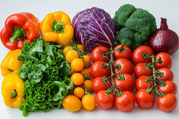 A variety of fresh vegetables and fruits neatly arranged, emphasizing a balanced diet. Concept of nutrition and healthy living. Generative Ai.