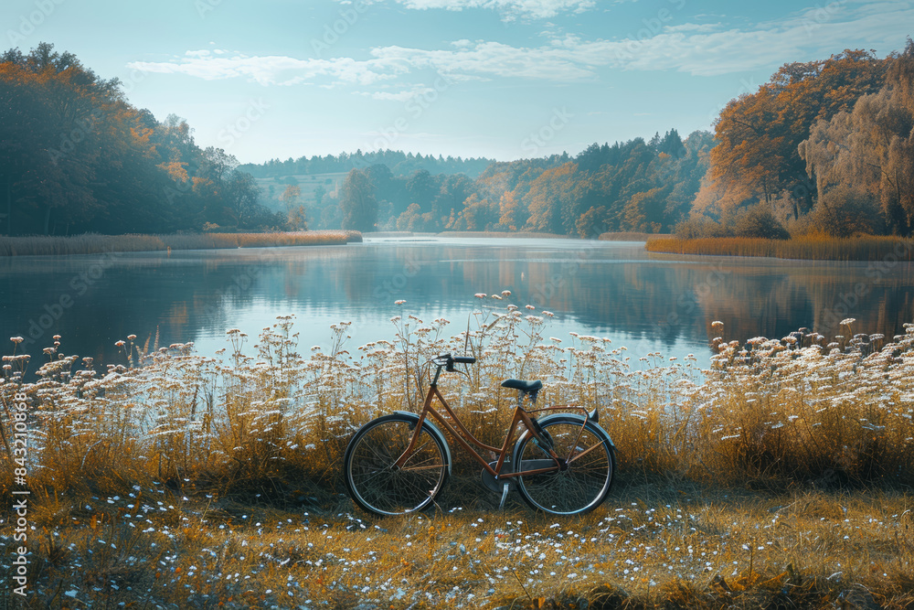 Poster a cyclist resting by a lake, enjoying a moment of tranquility. concept of balance between exercise a