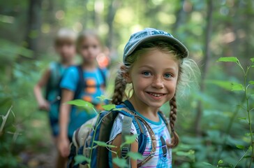 Kids hiking in the forest on a summer day

