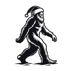 Obraz premium Bigfoot Wearing Christmas Santa Hat and Walking Illustration on White Background