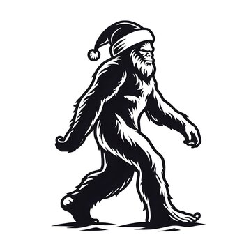 recommend clip art: Bigfoot Wearing Christmas Santa Hat and Walking Illustration on White Background