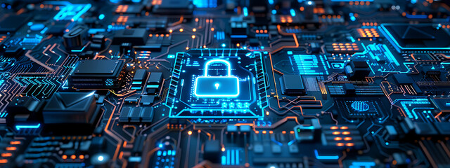 Fototapeta premium Cybersecurity in focus motherboard detail with secure lock as wide banner design