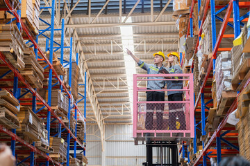 workers man and woman using a hydraulic scissor lift to check stock near the shelves warehouse. industry factory warehouse. Worker Screening Package In Warehouse.
