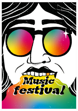 Afiche Festival de Rock con texto editable y dibujo vectorial mujer con lentes de colores y gradient.