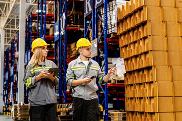 man and woman worker walking and checking stock for shipping. Female inspecting the store factory....