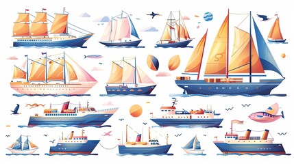 Various ship set, marine transport. Collection of tanker, sailboat, freight, cargo, yacht, fishing boat, cruise liner, speedboat. Shipping vessel, nautical voyage and resort. Vector illustration
