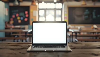 laptop on table in modern office with school background


