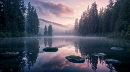 On a very early gentle summer morning, an incredibly quiet lake in a forested area