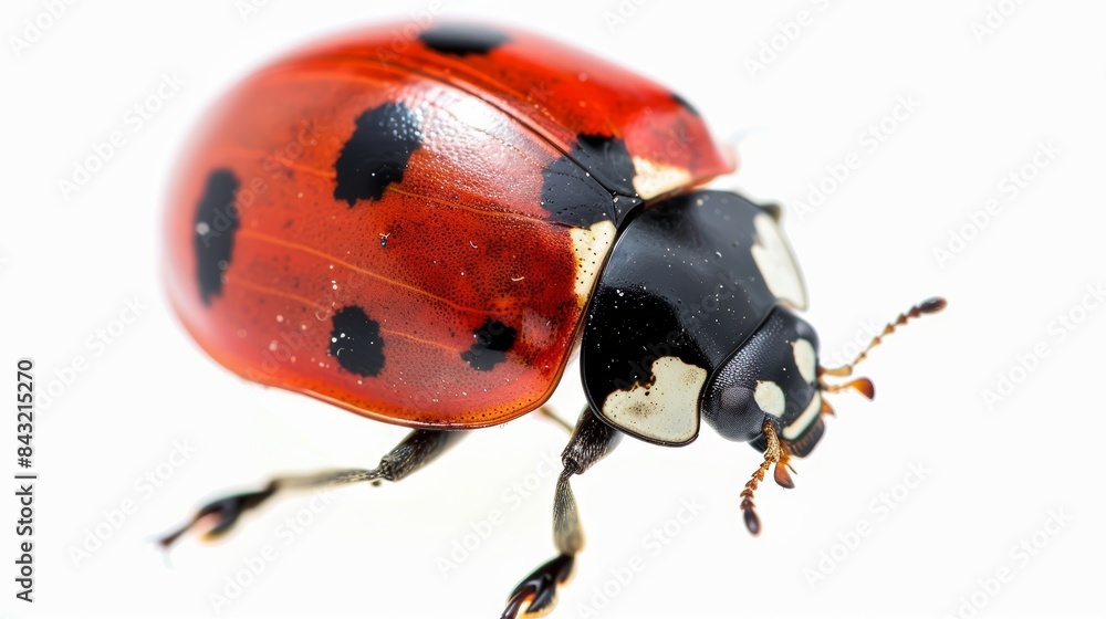 Poster ladybug is walking on a white background showing its red shell and black spots