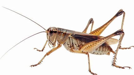 Macro shot of a detailed brown grasshopper on a white background, ideal for entomology and nature themes