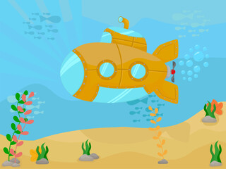 Submarine under water sea bottom sea animal and plants flat illustration